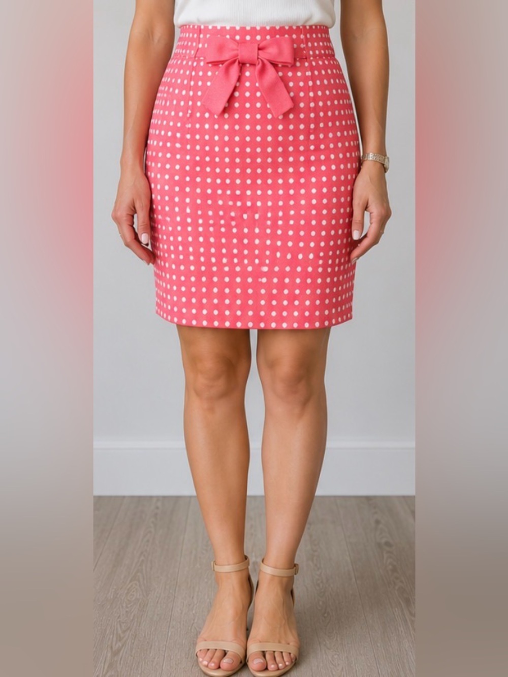 LOFT Coral Pink White Polka Dot Pencil Skirt Bow Accent Lined Size 2 Preppy